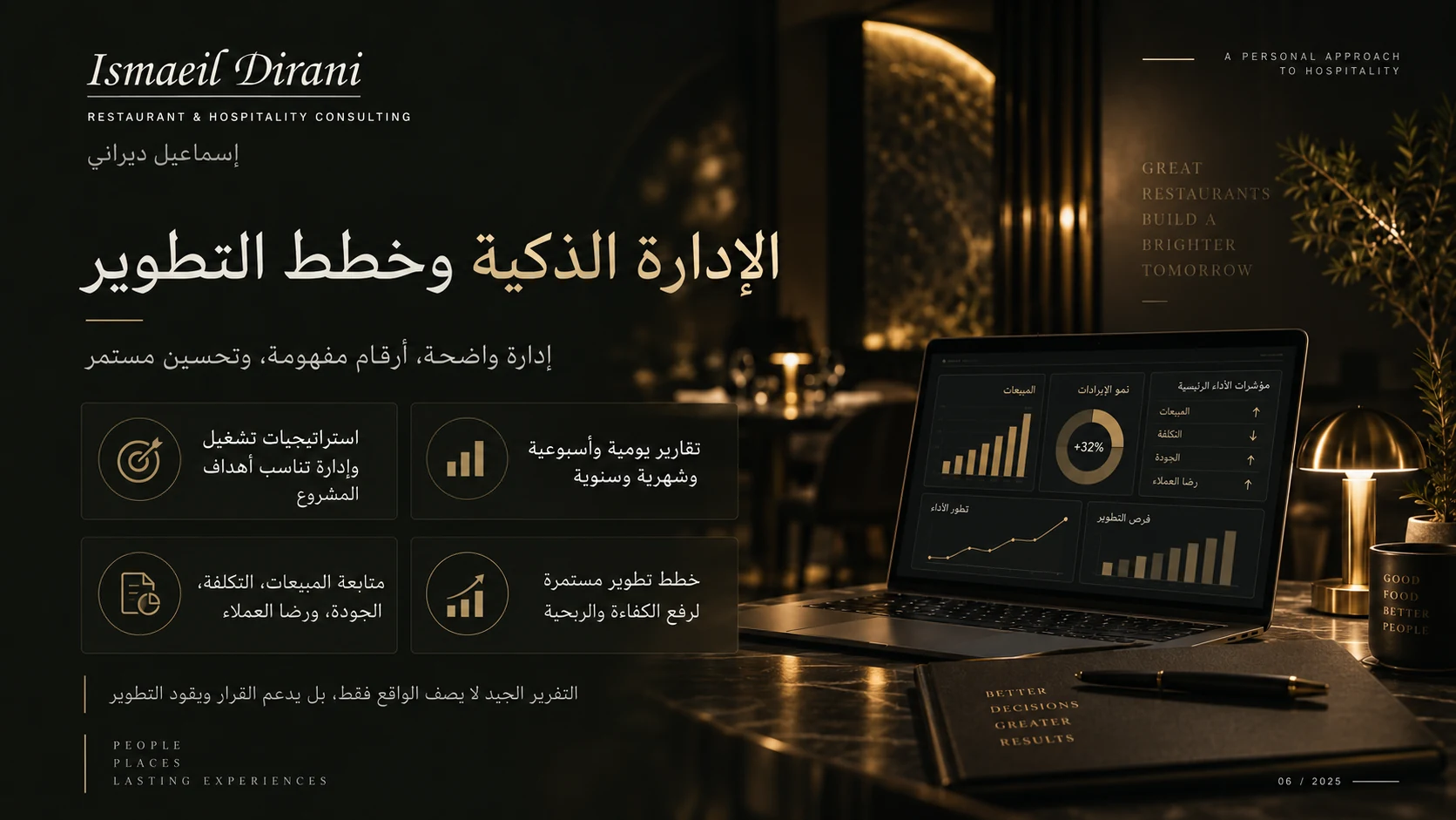 Management consulting presentation with a restaurant reporting dashboard and development plans.
